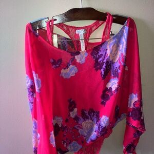 Free People  Floral Sheer Top Blouse with Attached Bodysuit